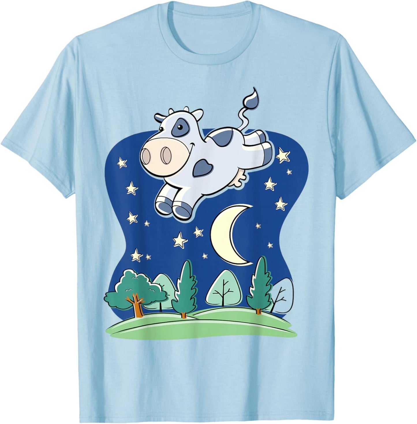 Cow Jumped Over the Moon - Cartoon w Common Saying T-Shirt - T-Shirt | Light Blue
