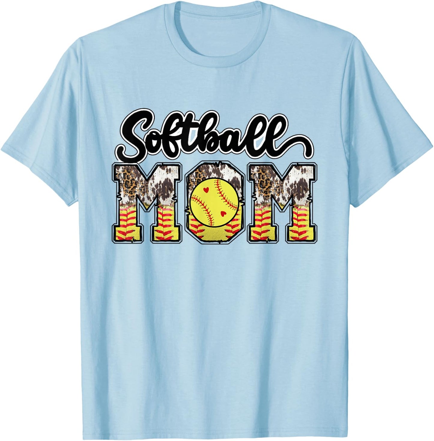 Softball Mom Leopard Messy Bun Softball Mothers Day T-Shirt - T-Shirt | Light Blue