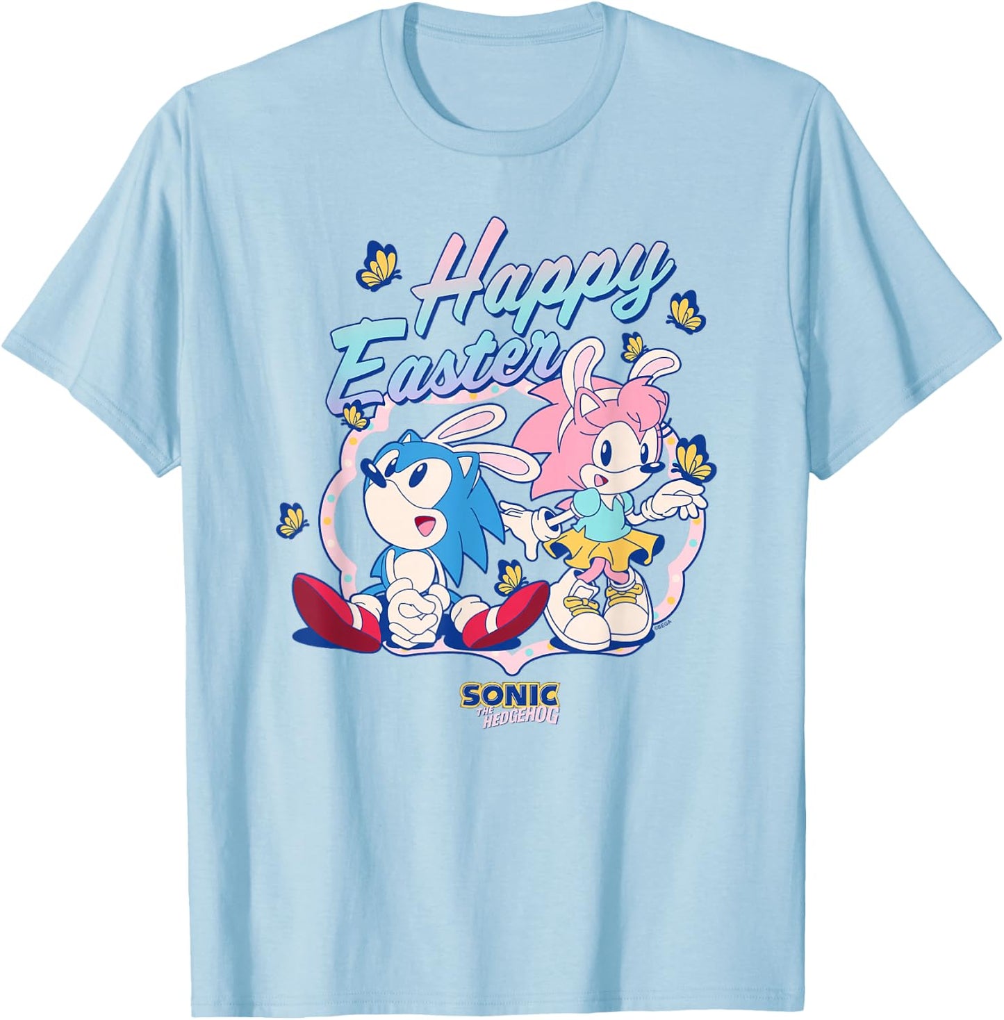 Sonic The Hedgehog Happy Easter Cute Sonic Amy Chest Logo T-Shirt - T-Shirt | Light Blue