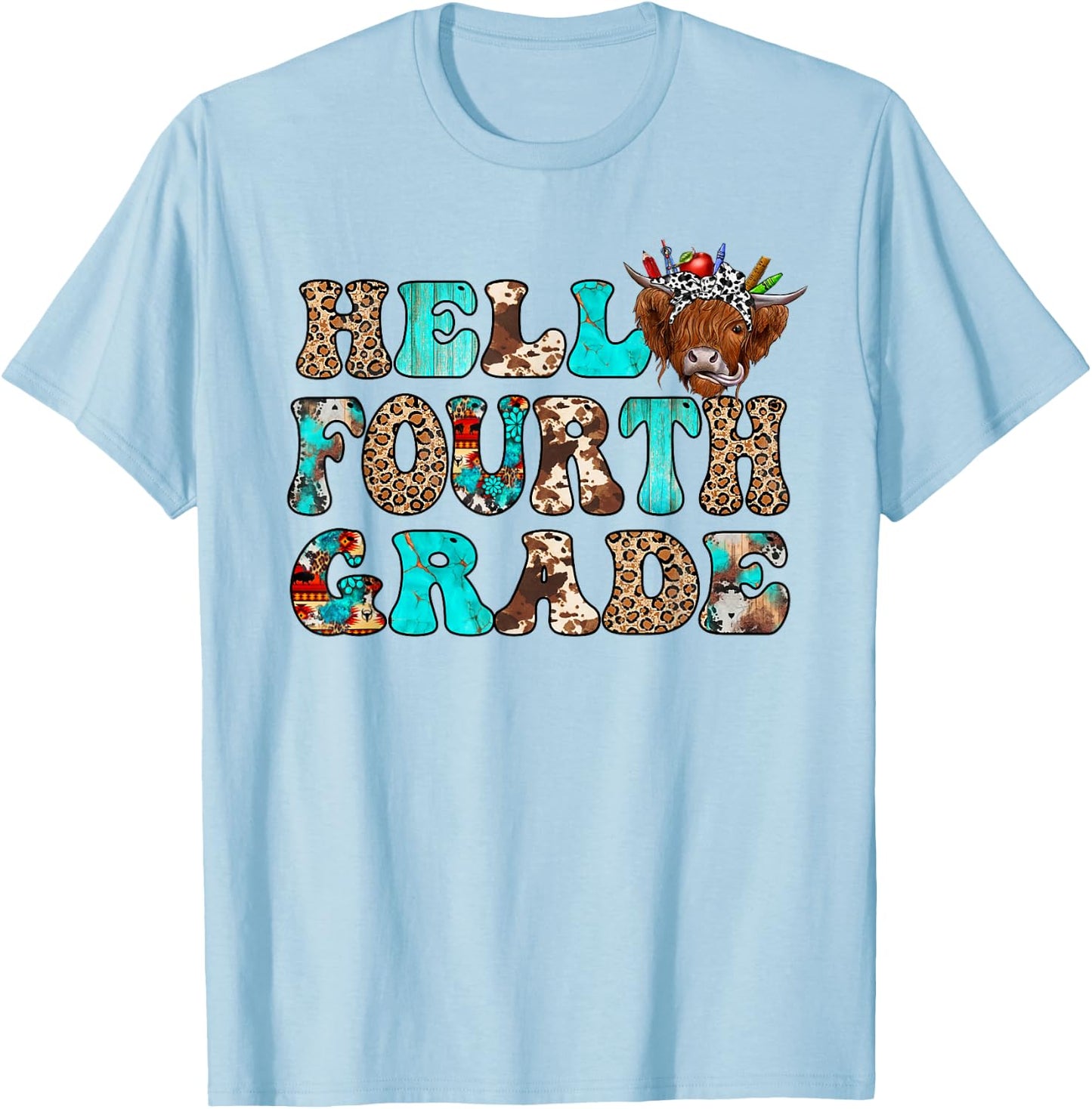 Hello Fourth Grade Team Highland Cow First Day Of 4th Grade T-Shirt - T-Shirt | Light Blue