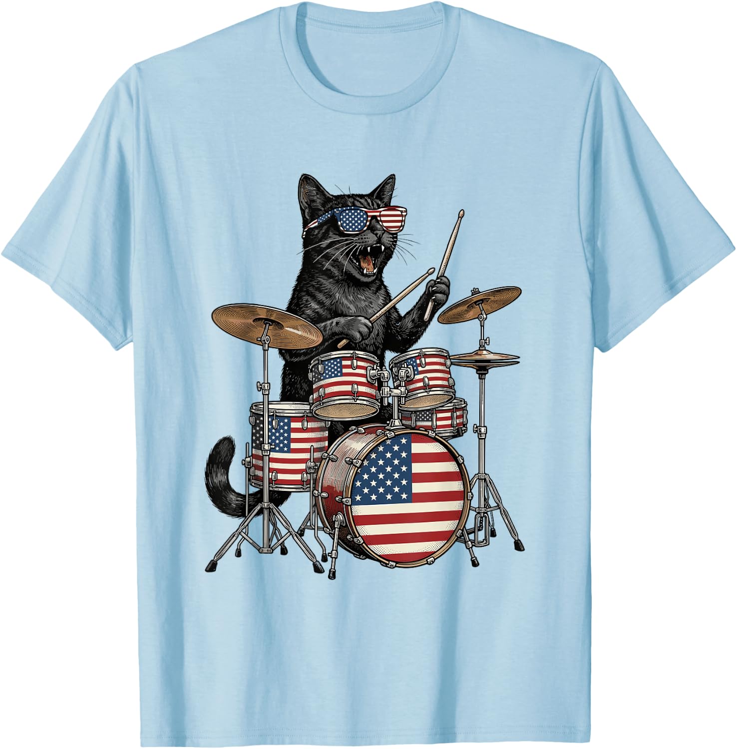Cat Playing Drums American Flag Drumset 4th of July Drummer T-Shirt - T-Shirt | Light Blue