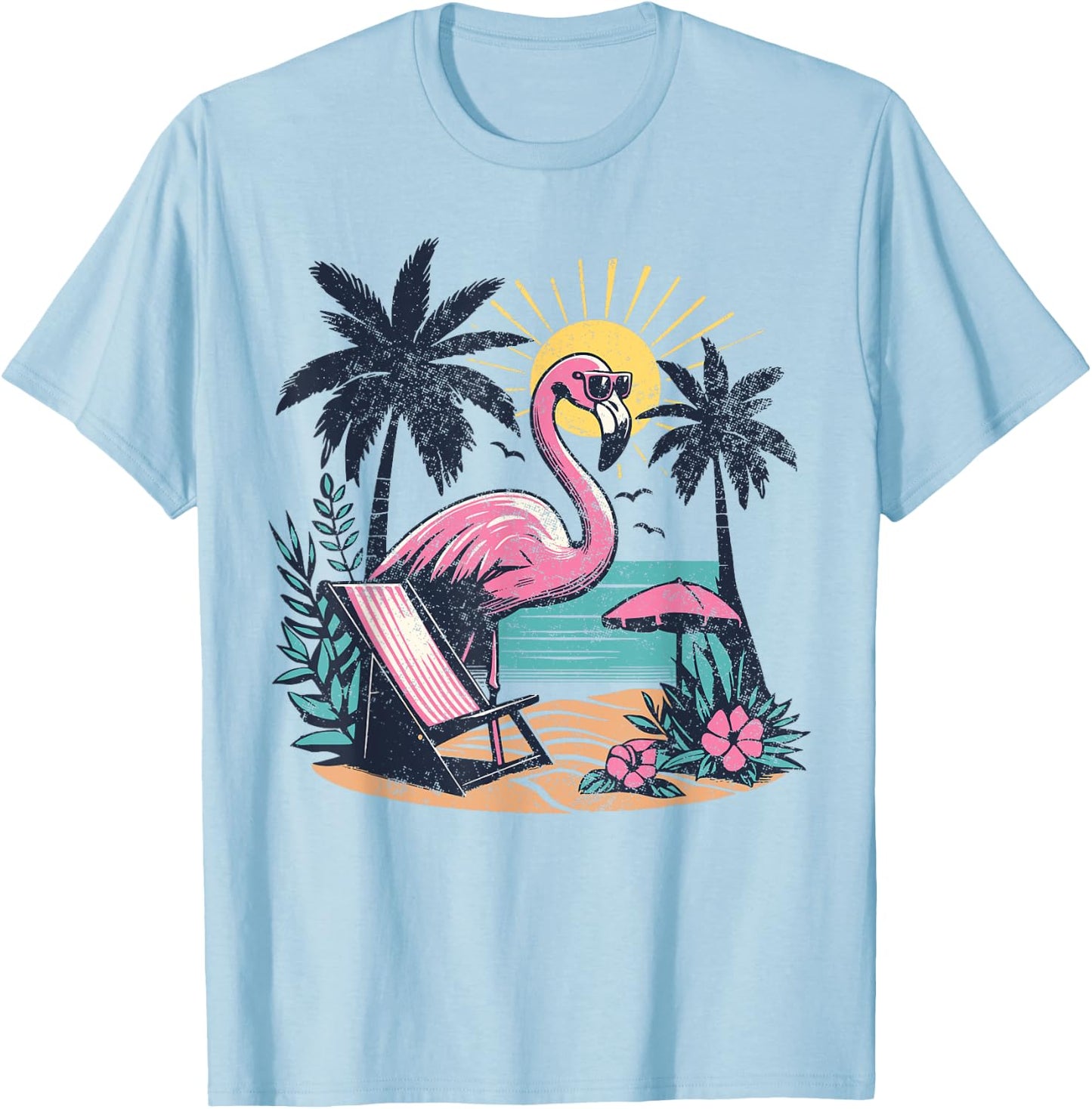 Flamingo Beach Palm Trees Tropical Summer Vacation Men Women T-Shirt - T-Shirt | Light Blue