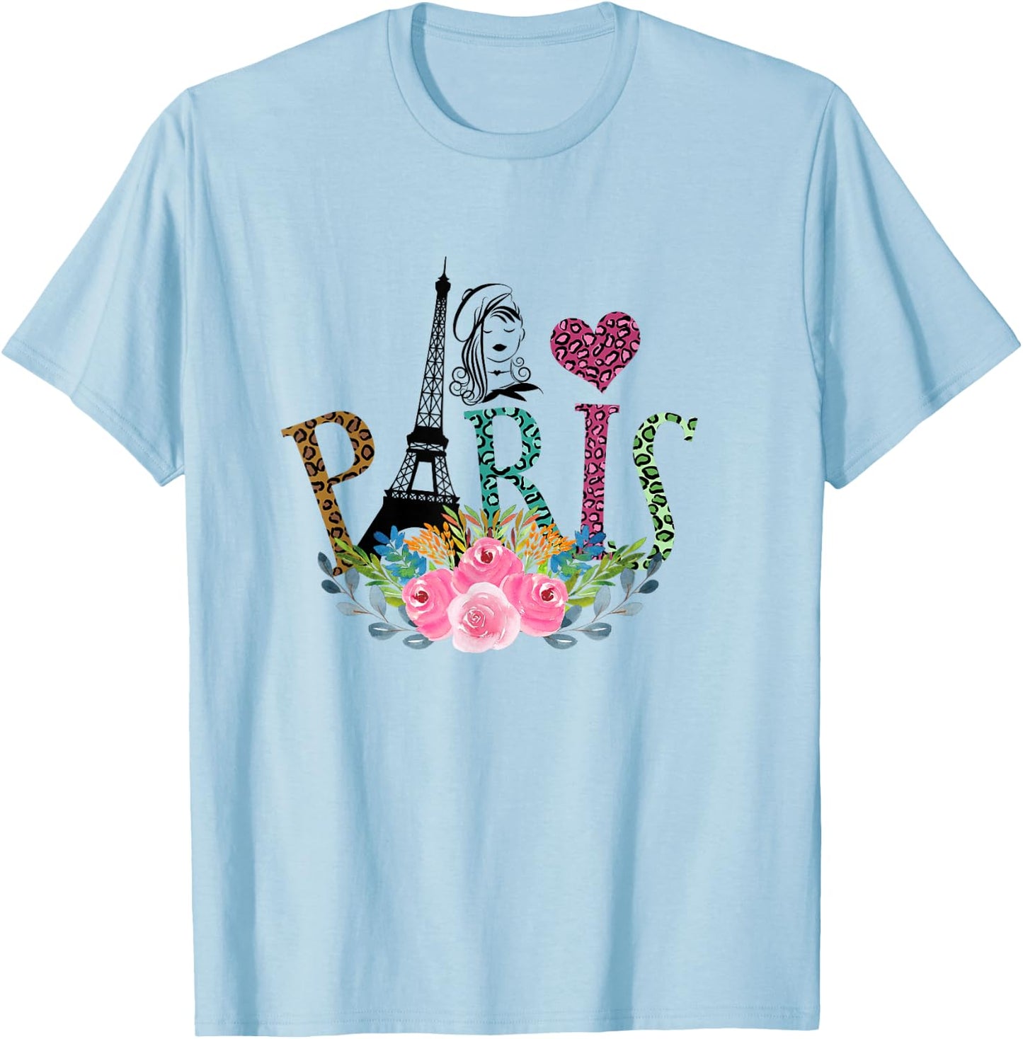 Paris Eiffelturm Baskenmütze Mädchen Leopardenmuster T-Shirt - T-Shirt | Light Blue