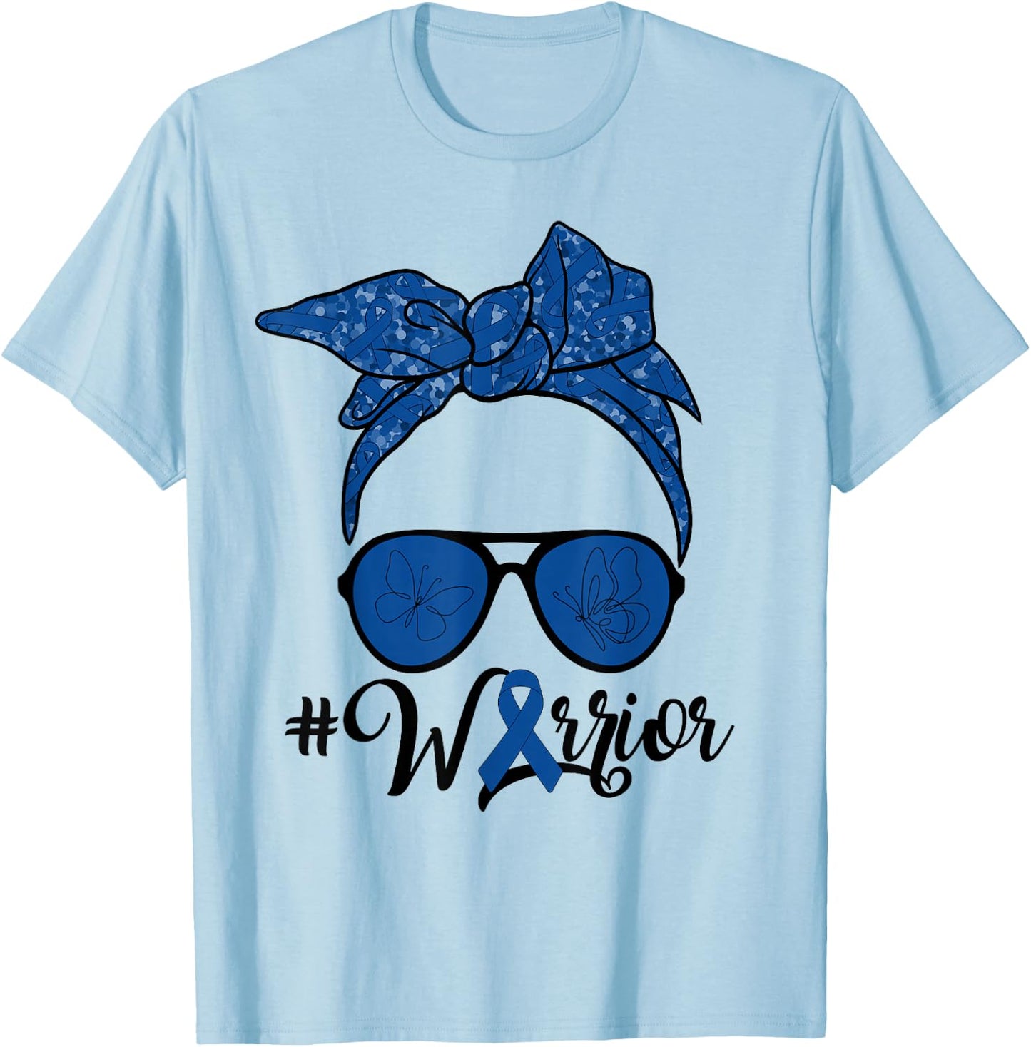 Messy Bun Woman With Dark Blue Ribbon Colon Cancer Warrior T-Shirt - T-Shirt | Light Blue
