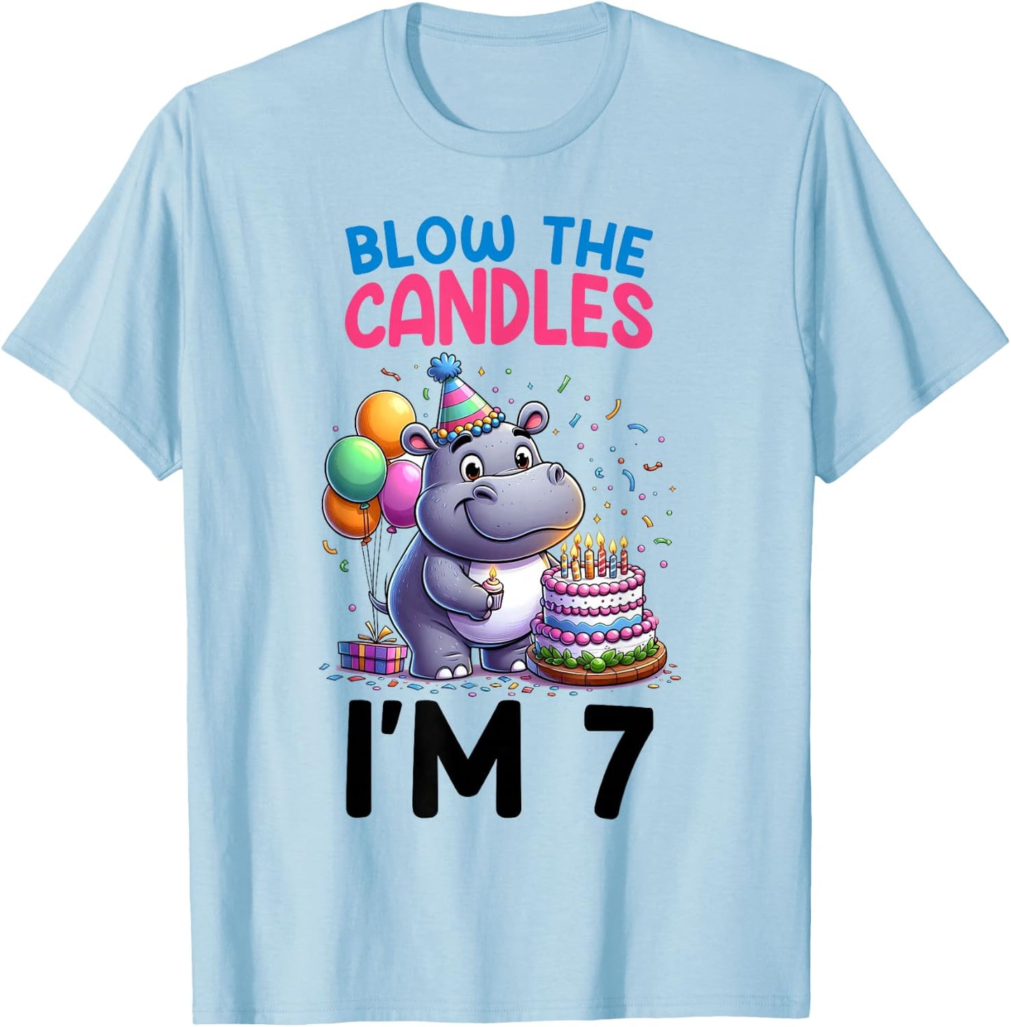Hippo Kids 7th Birthday Party Boy 7 Year Old Bday Girl T-Shirt - T-Shirt | Light Blue