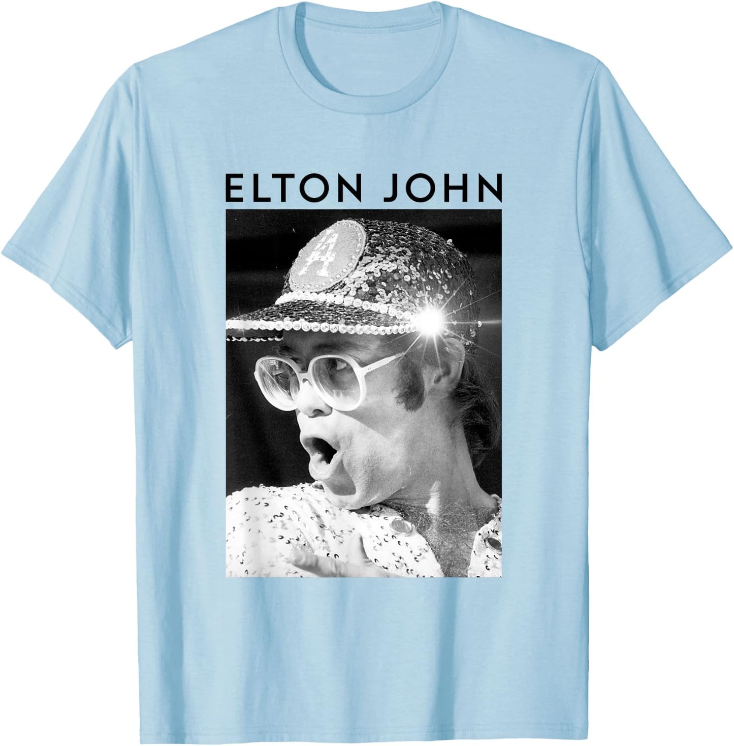 Elton John Official Sequin Cap Black/White T-Shirt - T-Shirt | Light Blue