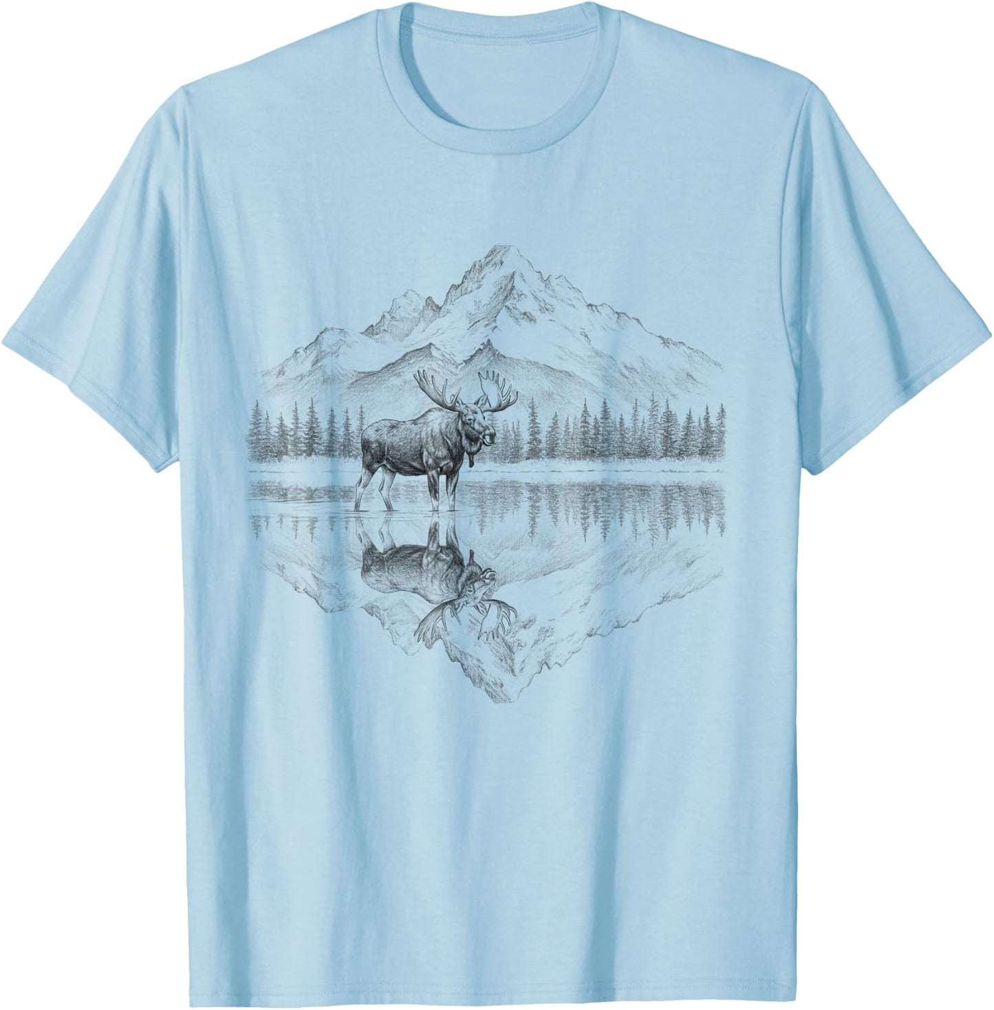 Moose and Mountain Reflection Nature Design T-Shirt - T-Shirt | Light Blue