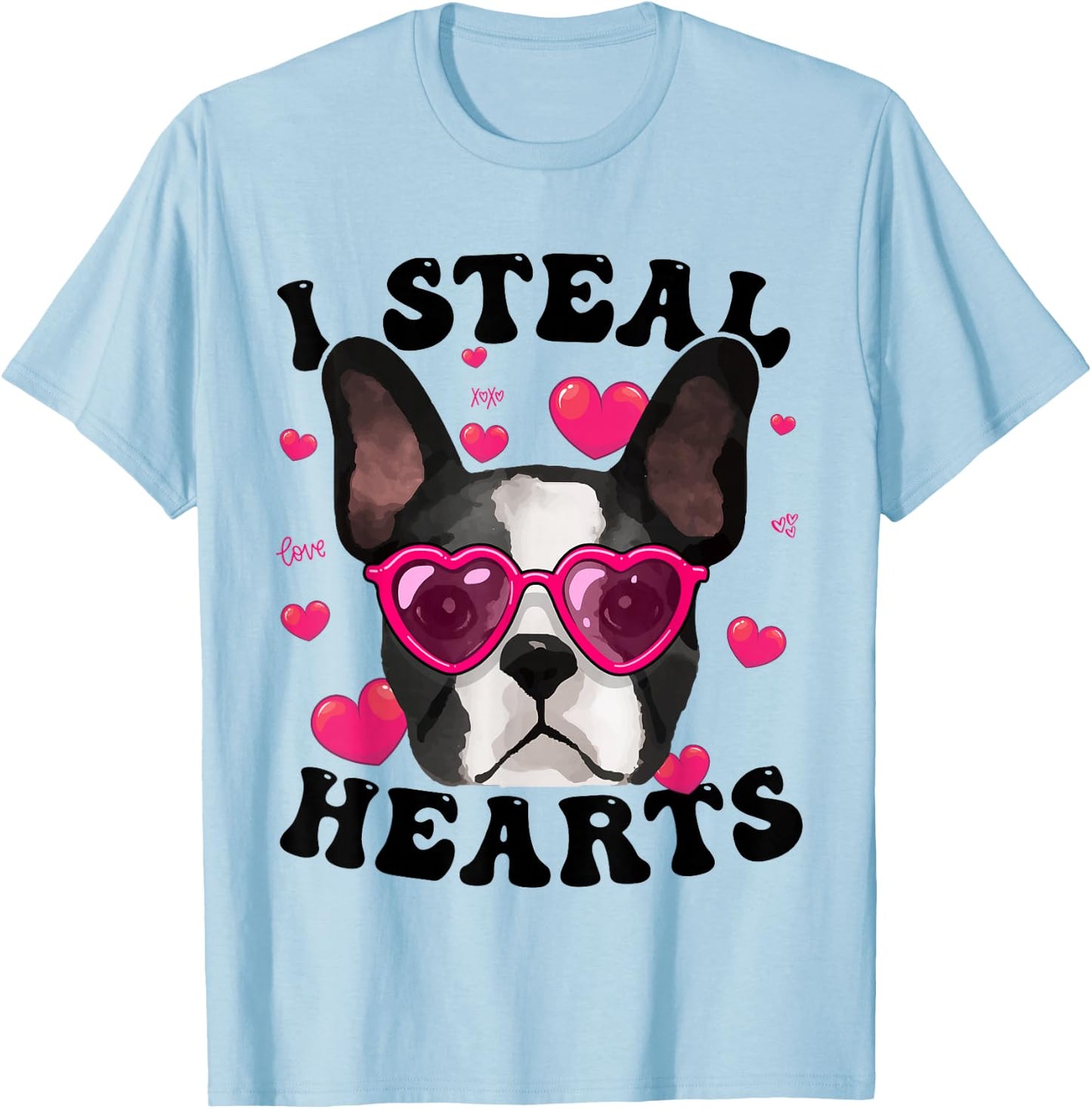 Boston Terrier Heart Glasses Girls Bostie Valentines Day T-Shirt - T-Shirt | Light Blue