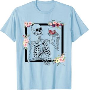 Halloween Funny Hallo-Wine Floral Skeleton Drinking Wine T-Shirt - T-Shirt | Light Blue
