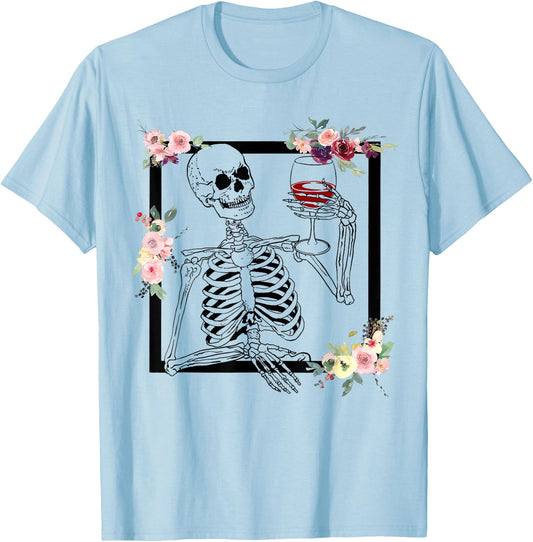 Halloween Funny Hallo-Wine Floral Skeleton Drinking Wine T-Shirt - T-Shirt | Light Blue