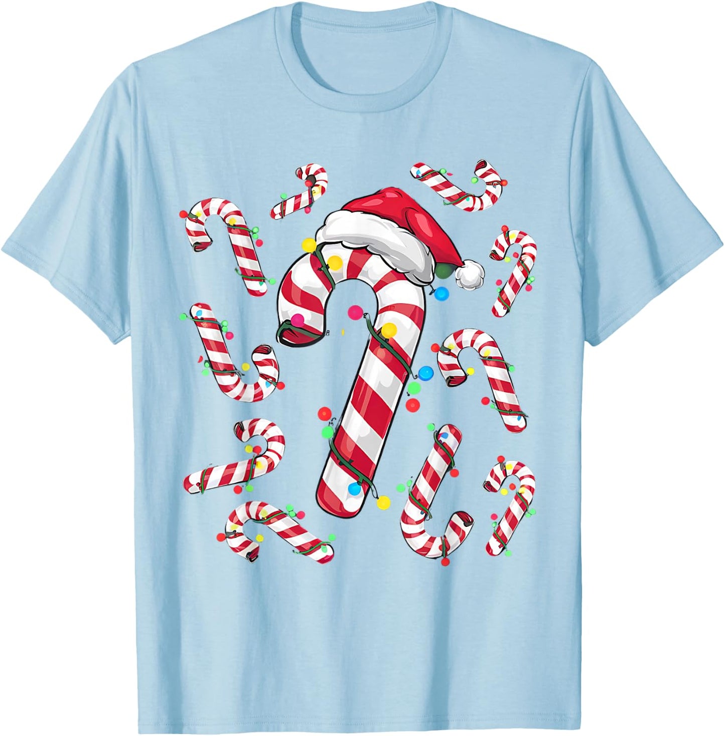 Cute Christmas Candy Cane Santa Hat and Christmas Lights T-Shirt - T-Shirt | Light Blue