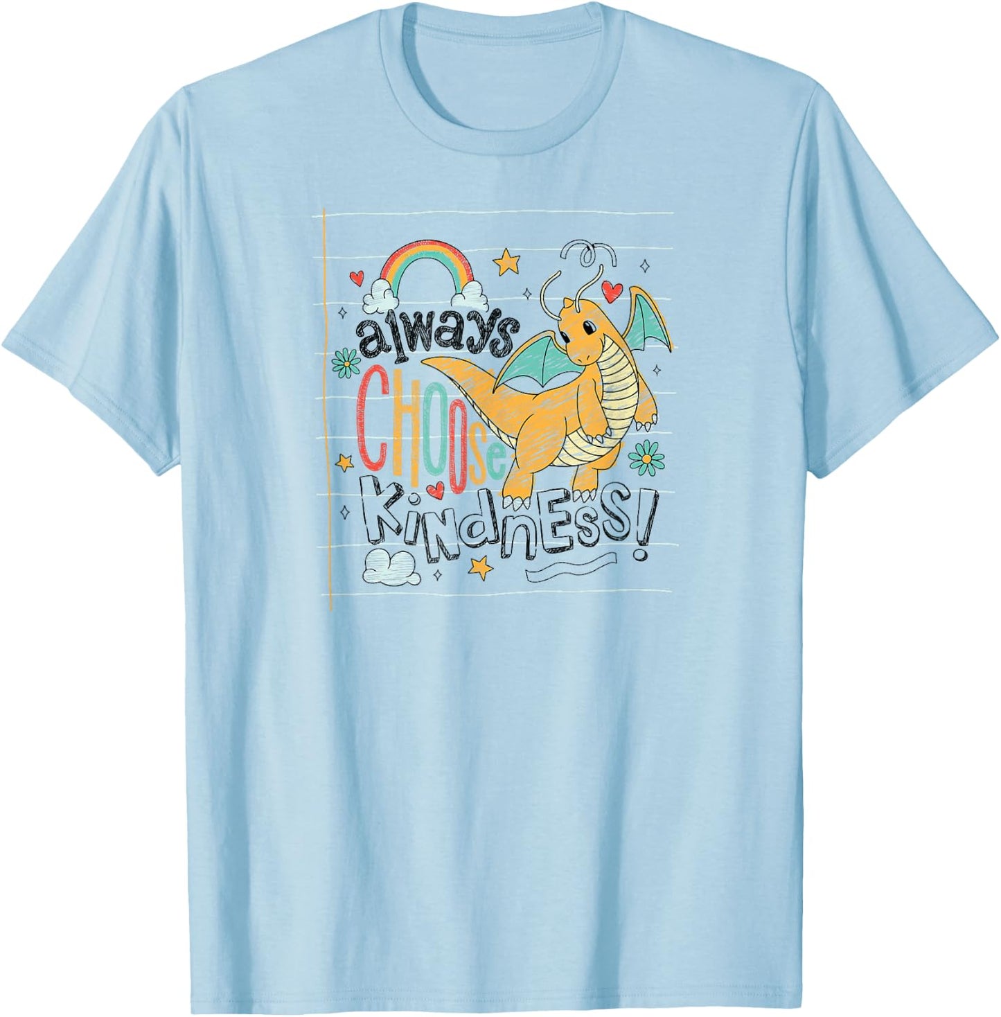 Pokémon - Dragonite Flying Always Choose Kindness Doodle T-Shirt - T-Shirt | Light Blue