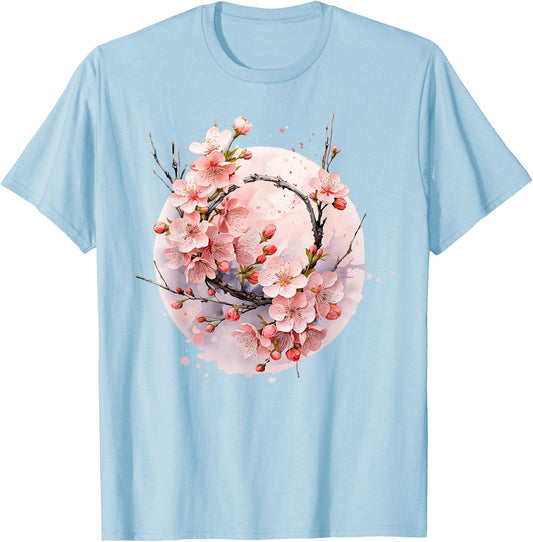 Peach, Cherry, Plum Blossom, Sakura, Japanese, Chinese, Pink , White T-Shirt - T-Shirt | Light Blue