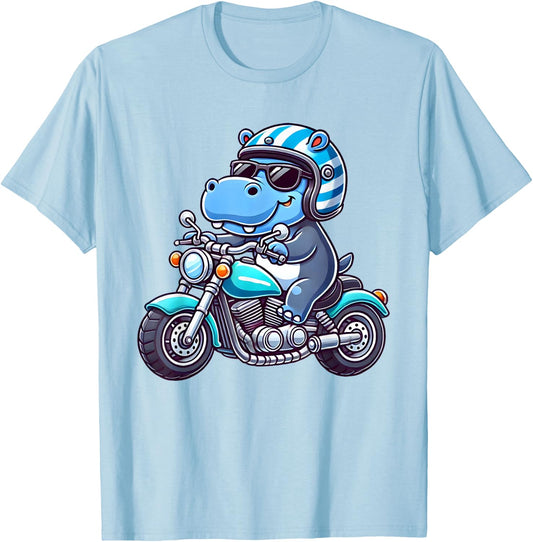 Kids Biker Motorcycle Riding Hippo Boys T-Shirt - T-Shirt | Light Blue