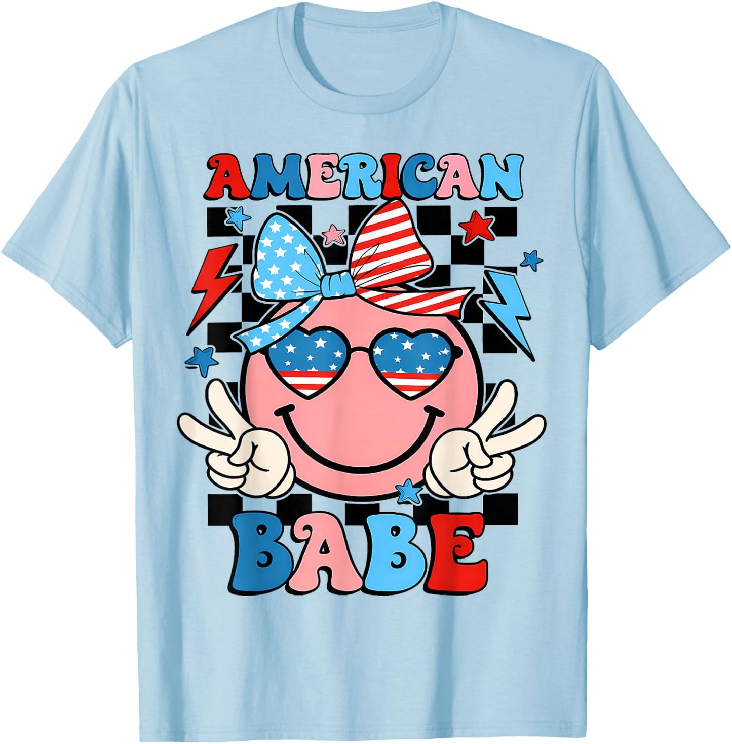Checkered American Dude US Flag Bow Girl 4th of July T-Shirt - T-Shirt | Light Blue