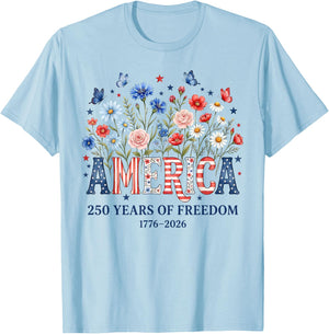 250 Years America Anniversary Flowers USA 250th Birthday T-Shirt - T-Shirt | Light Blue