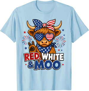 Red White & Moo Highland Cow 4th of July American Flag Women T-Shirt - T-Shirt | Light Blue