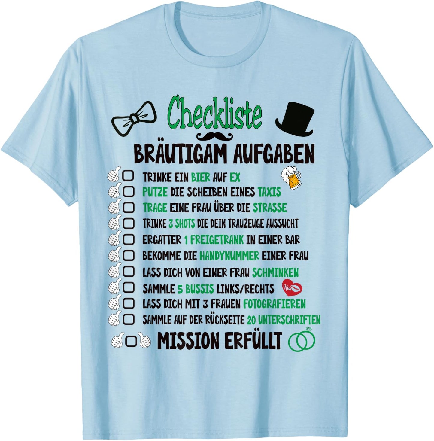 Groom Tasks Rumbling JGA Checklist , White T-Shirt - T-Shirt | Light Blue