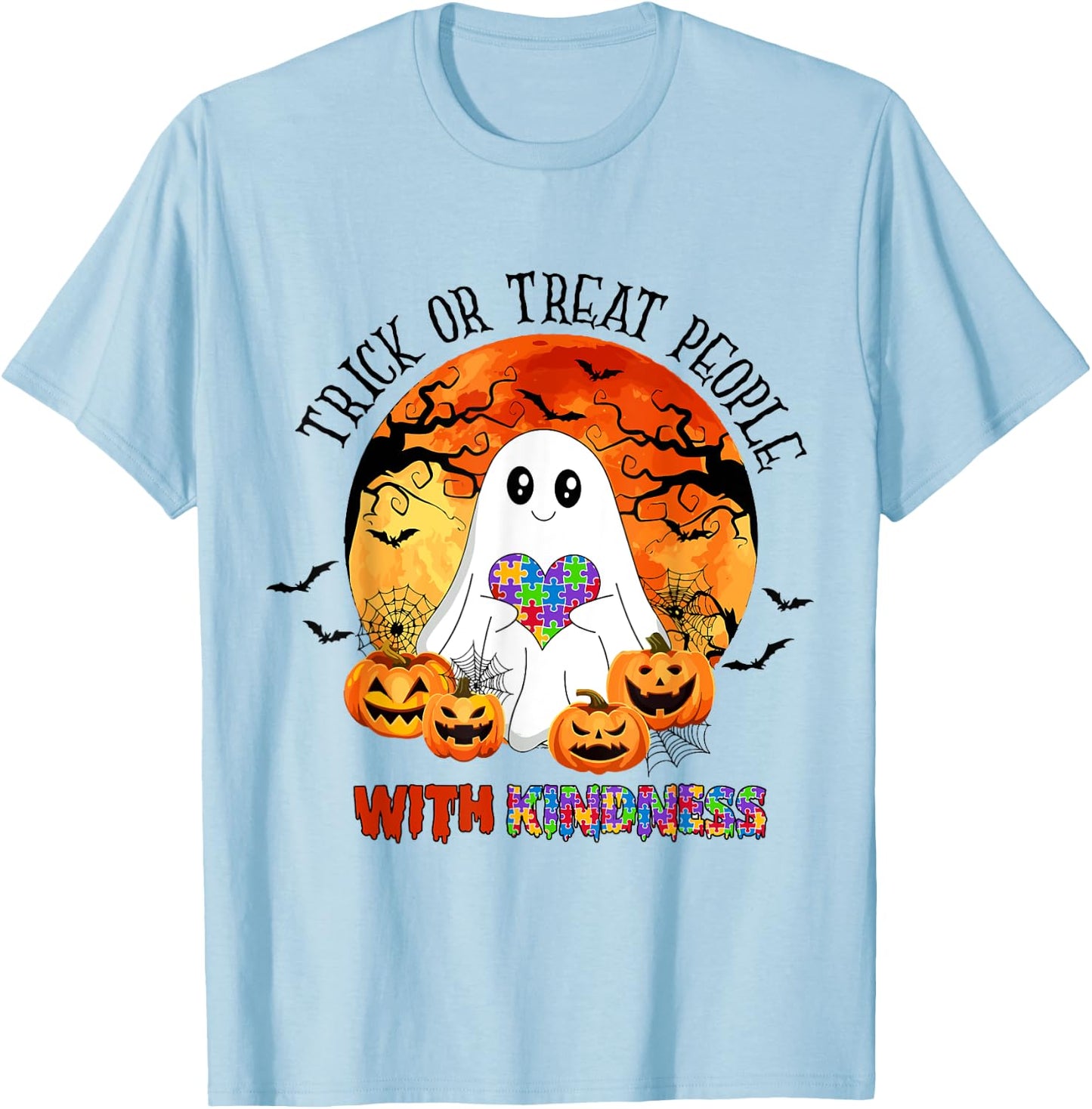Trick or Treat People With Kindness Halloween Autism T-Shirt - T-Shirt | Light Blue
