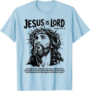 Jesus is Lord Romans 10 9 13 Christian Faith T-Shirt - T-Shirt | Light Blue