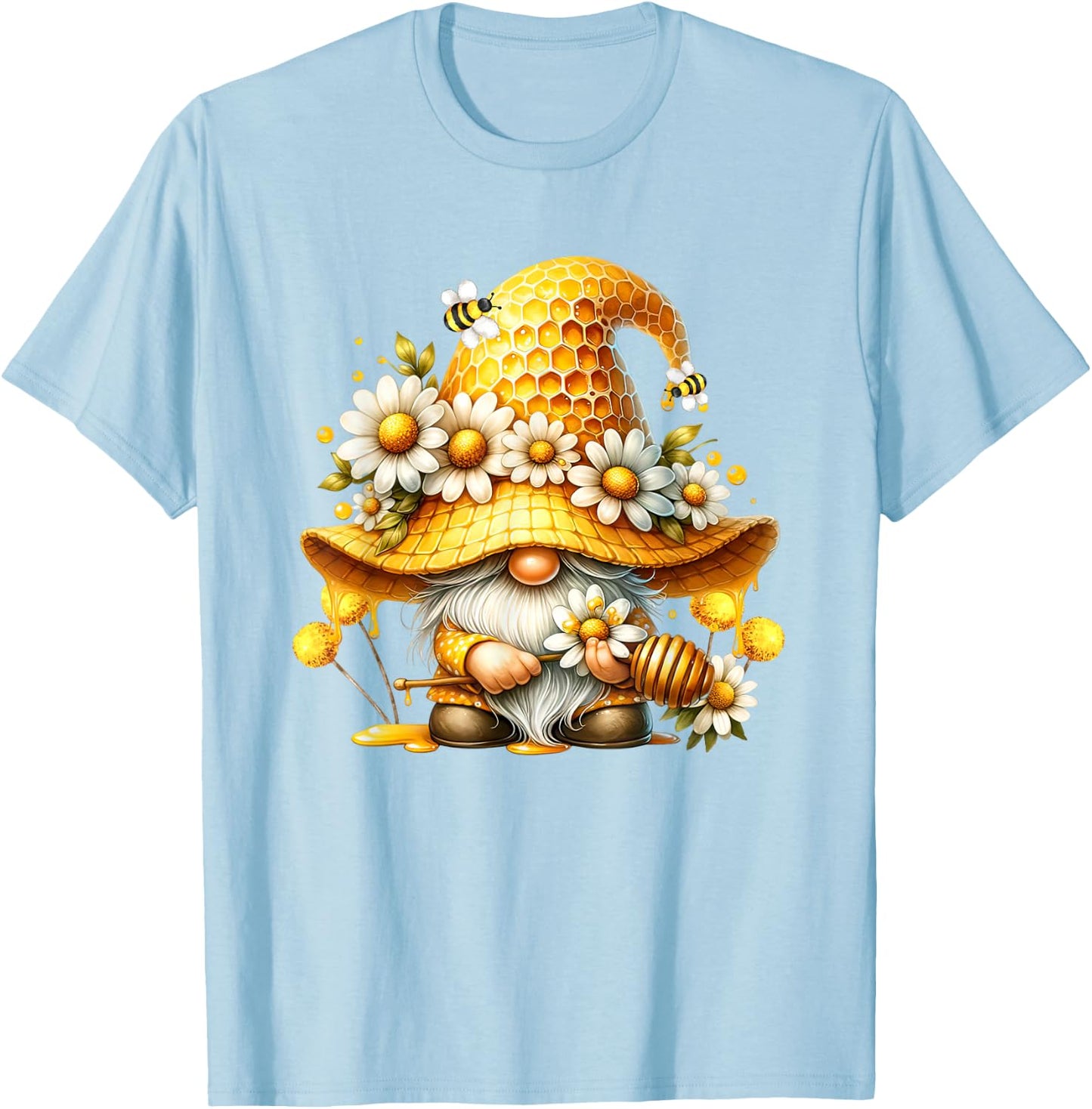 Unique Hippie Gnome Graphic With Daisy Flower And Honey Bees T-Shirt - T-Shirt | Light Blue