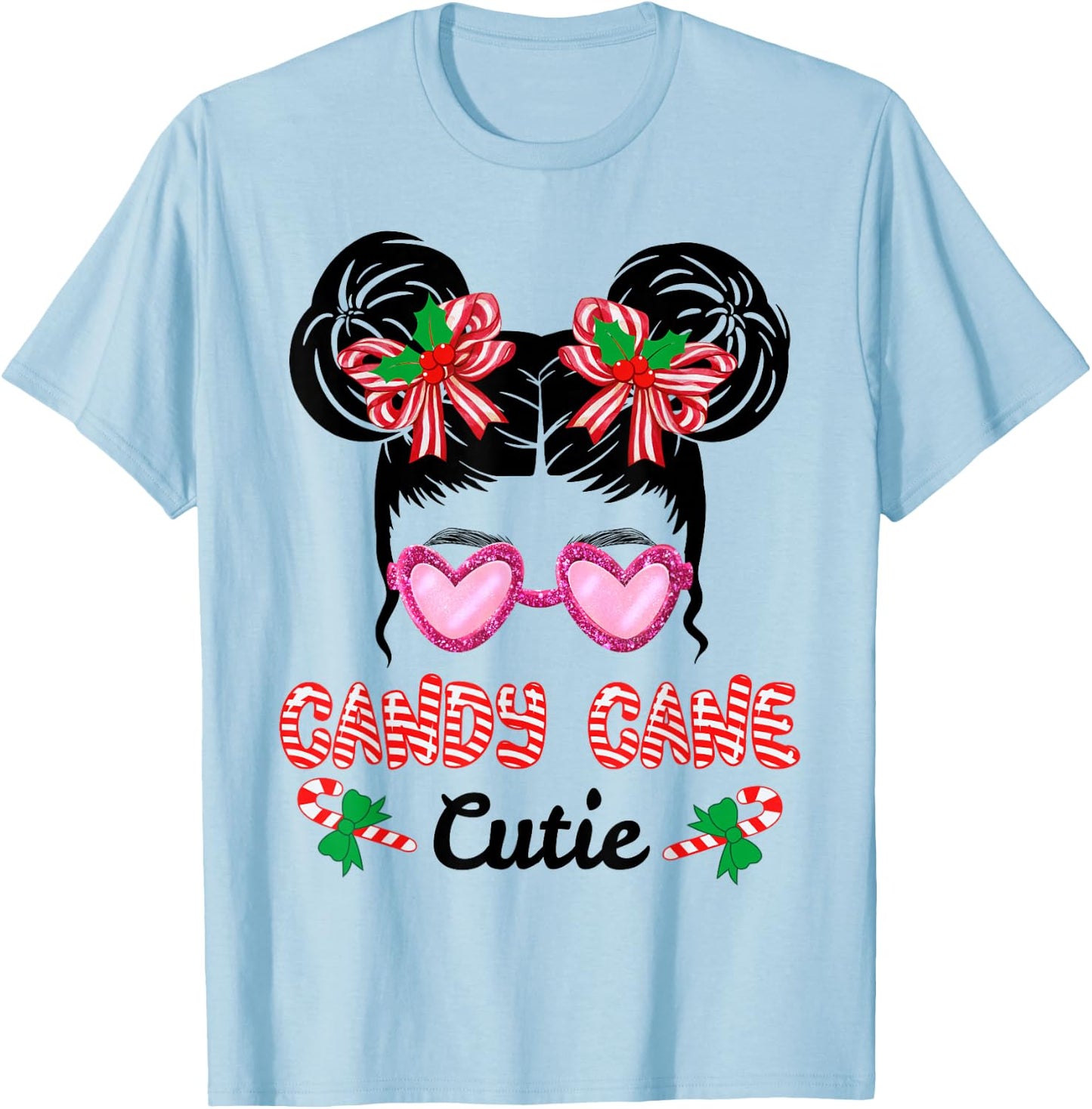 Christmas Candy Cane Cutie Messy Bun Girls Kids Xmas Pajama T-Shirt - T-Shirt | Light Blue