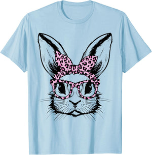 Bunny Face With Leopard Glasses For Girls Kids Easter Day T-Shirt - T-Shirt | Light Blue