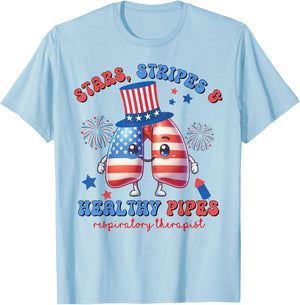 Stars Stripes Heathy Pipes Respiratory Therapist 4th of July T-Shirt - T-Shirt | Light Blue
