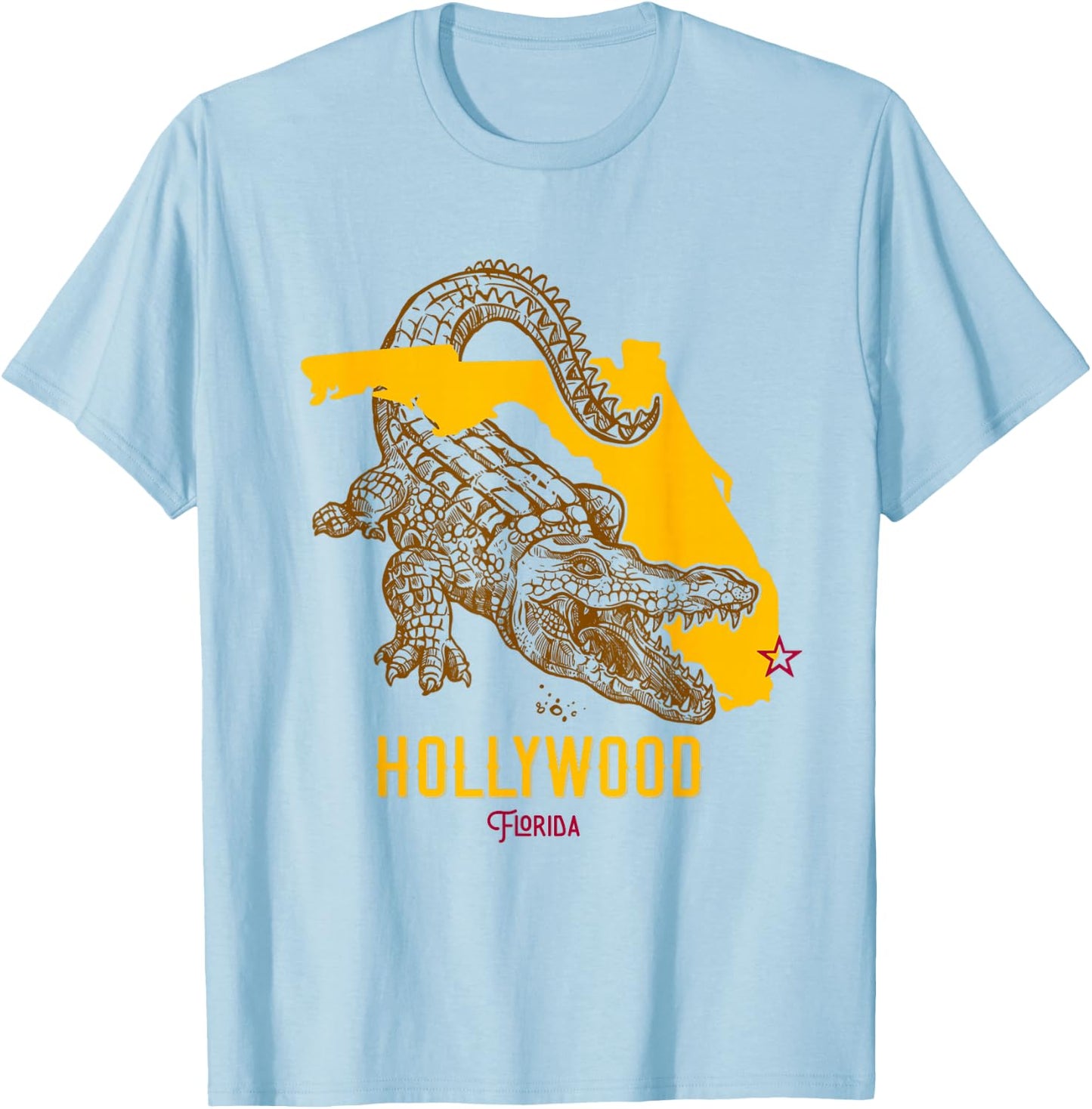 Hollywood Florida FL Aligator Vacation Surf Sunset T-Shirt - T-Shirt | Light Blue