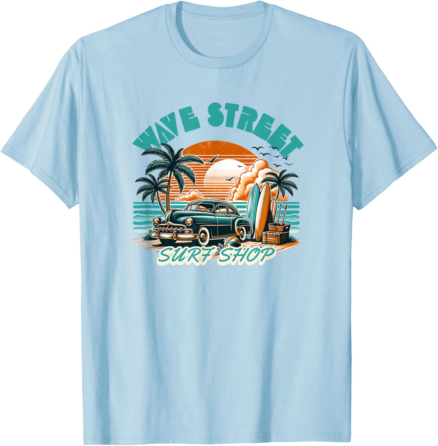 Wave Street Retro Vacation Beach Surfing Vintage Sunset Men Women Girls Kids T-Shirt - T-Shirt | Light Blue
