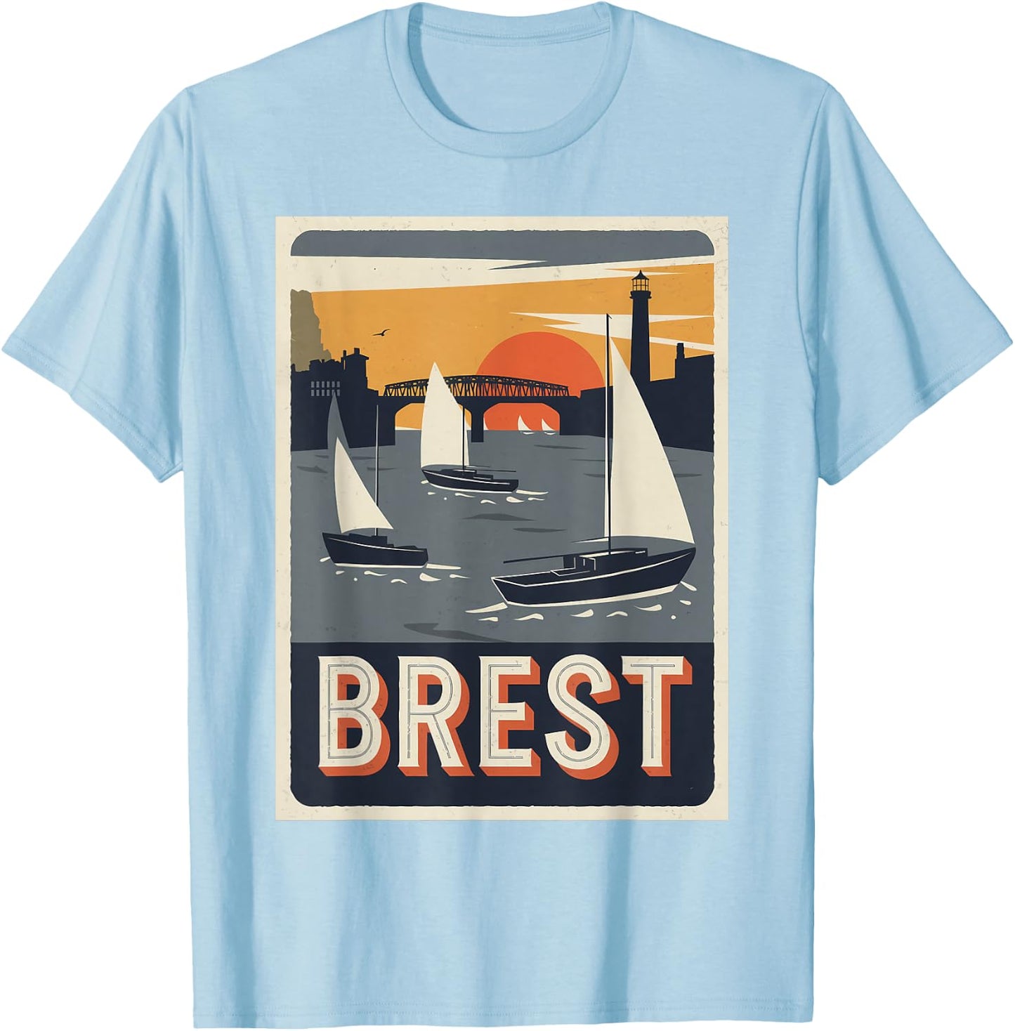 Vintage Poster Brest Sunset Sailing T-Shirt - T-Shirt | Light Blue