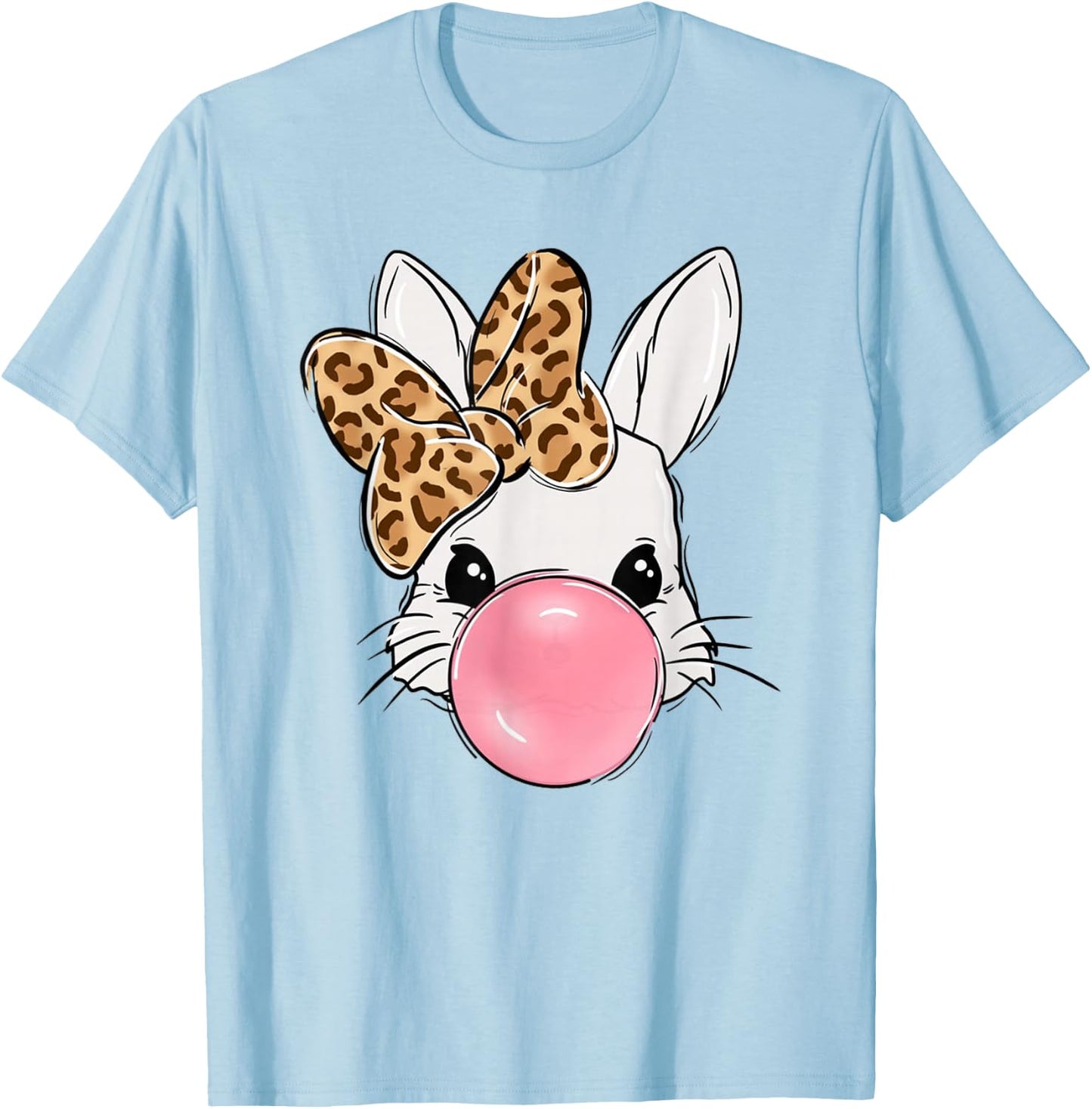 Cute Bunny Face with Leopard Bow Bubblegum Easter Day Girls T-Shirt - T-Shirt | Light Blue