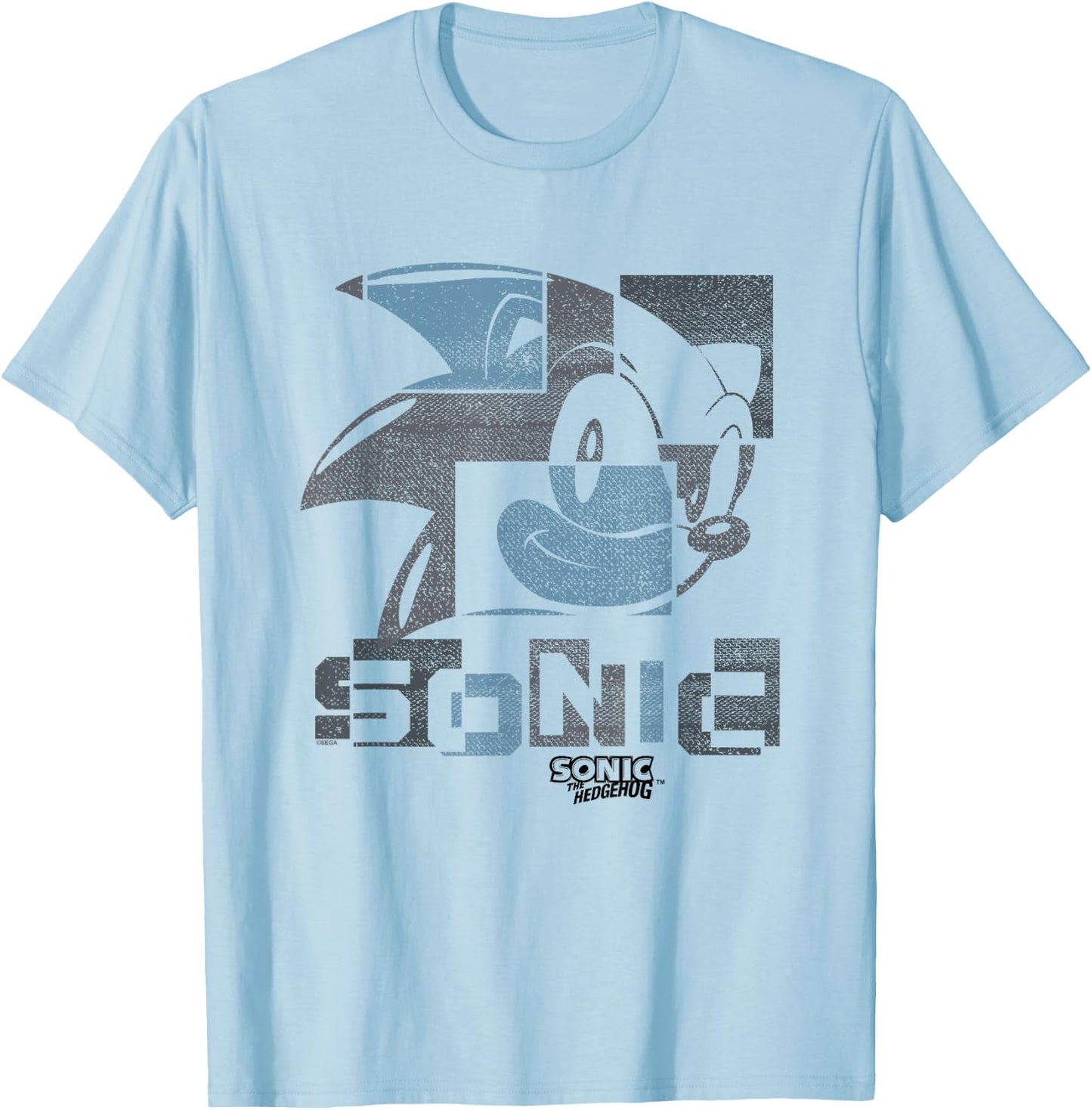 Sonic The Hedgehog Sonic Face Distressed Panels T-Shirt - T-Shirt | Light Blue
