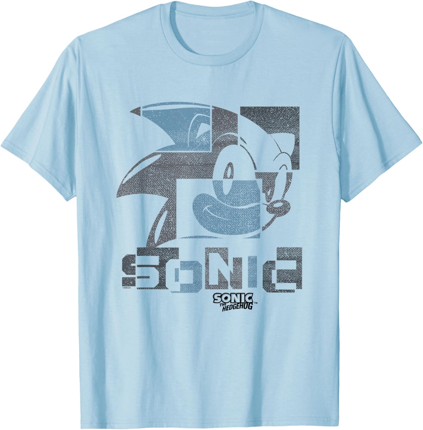 Sonic The Hedgehog Sonic Face Distressed Panels T-Shirt - T-Shirt | Light Blue