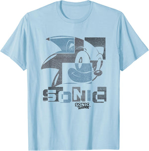 Sonic The Hedgehog Sonic Face Distressed Panels T-Shirt - T-Shirt | Light Blue