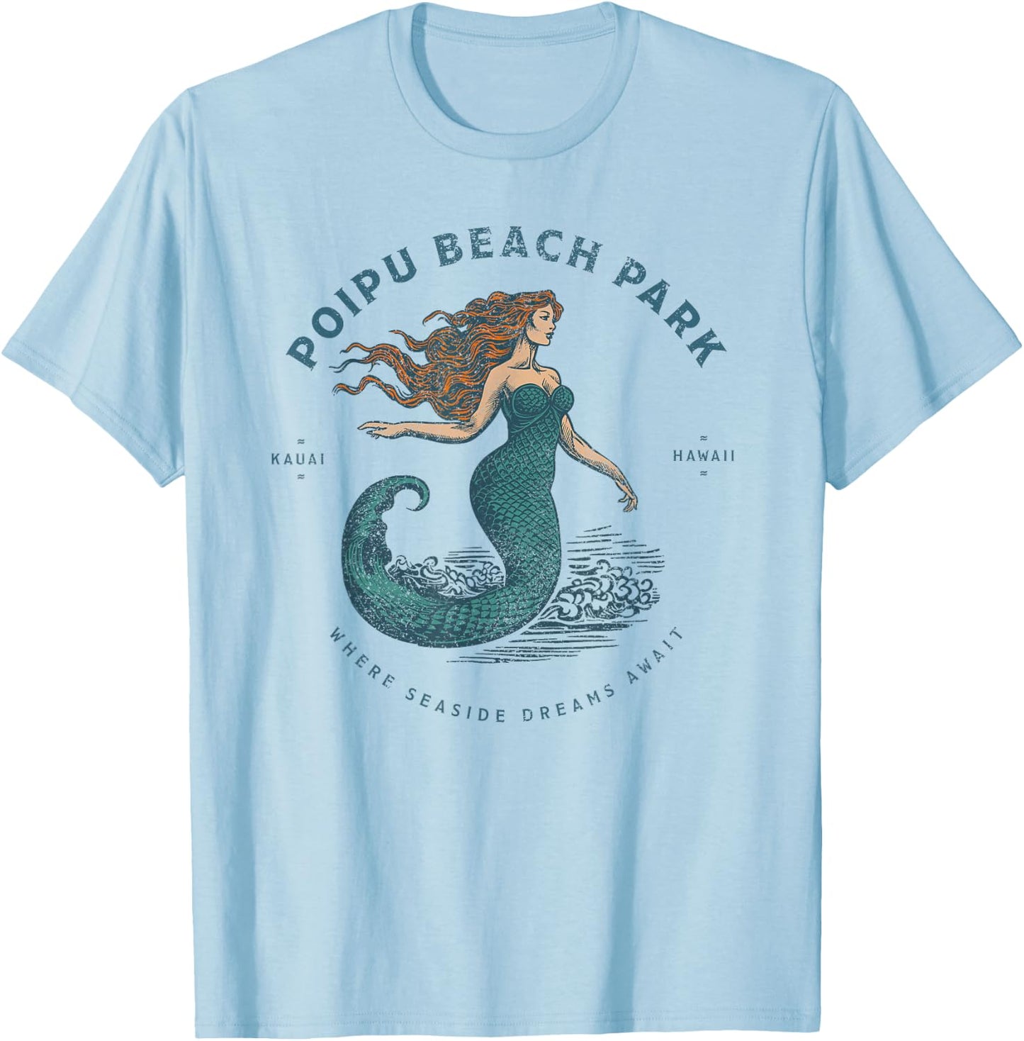 Poipu Beach Park Kauai Hawaii Retro Vintage Mermaid T-Shirt - T-Shirt | Light Blue