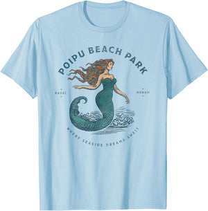 Poipu Beach Park Kauai Hawaii Retro Vintage Mermaid T-Shirt - T-Shirt | Light Blue