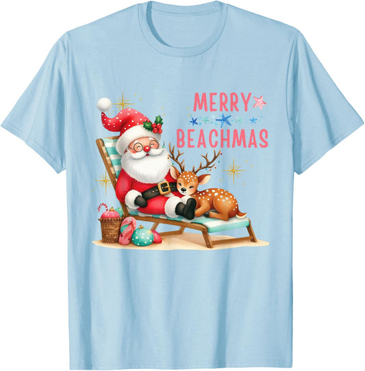 Merry Beachmas Hawaiian Coastal Christmas Cute Santa Beach T-Shirt - T-Shirt | Light Blue