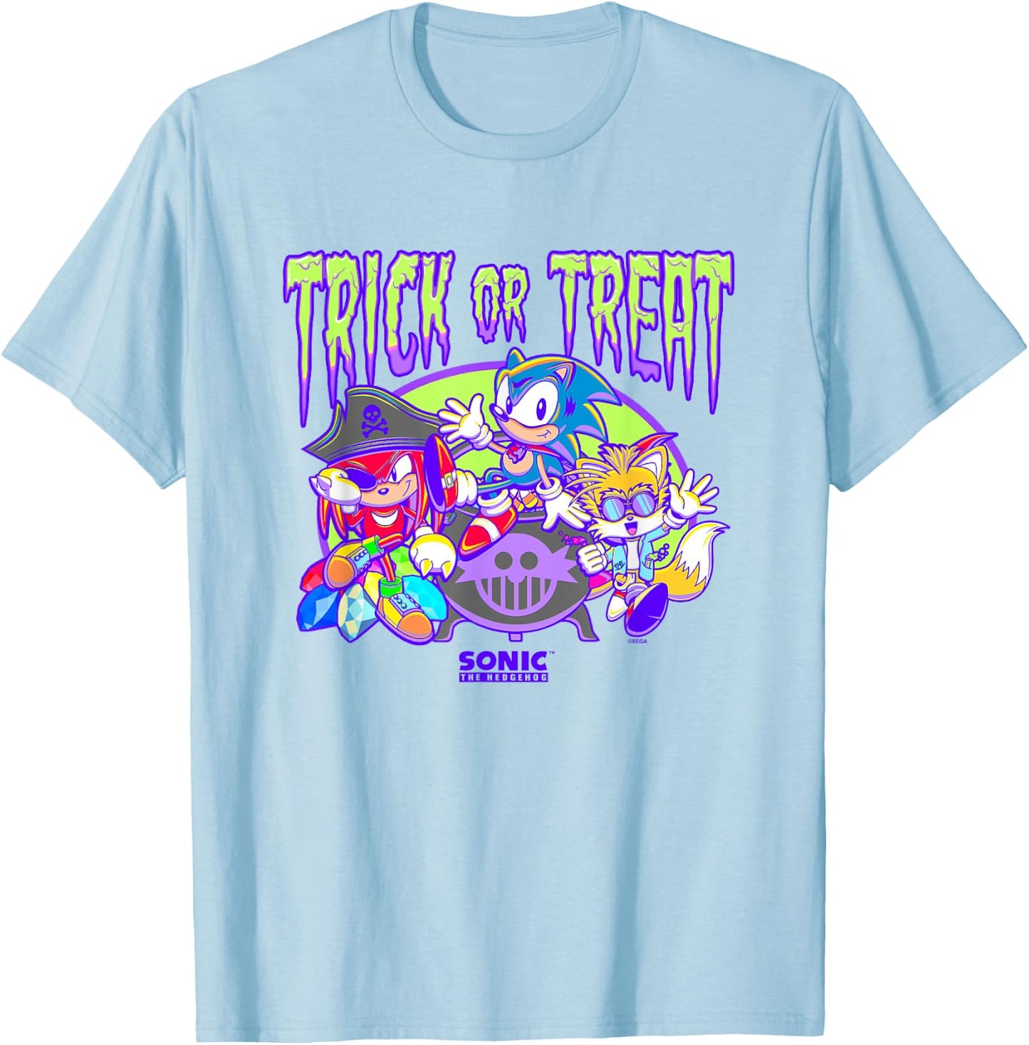 Sonic The Hedgehog Halloween Trick Or Treat Retro Neon Logo T-Shirt - T-Shirt | Light Blue