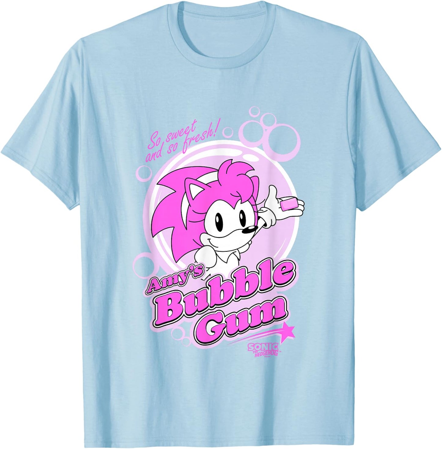 Sonic The Hedgehog Amy's Bubble Gum Sweet and Fresh Retro T-Shirt - T-Shirt | Light Blue