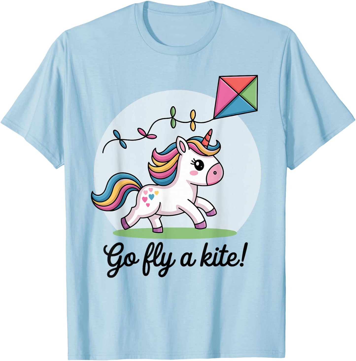Go fly a kite! Cute Happy Unicorn Flying Kite T-Shirt - T-Shirt | Light Blue