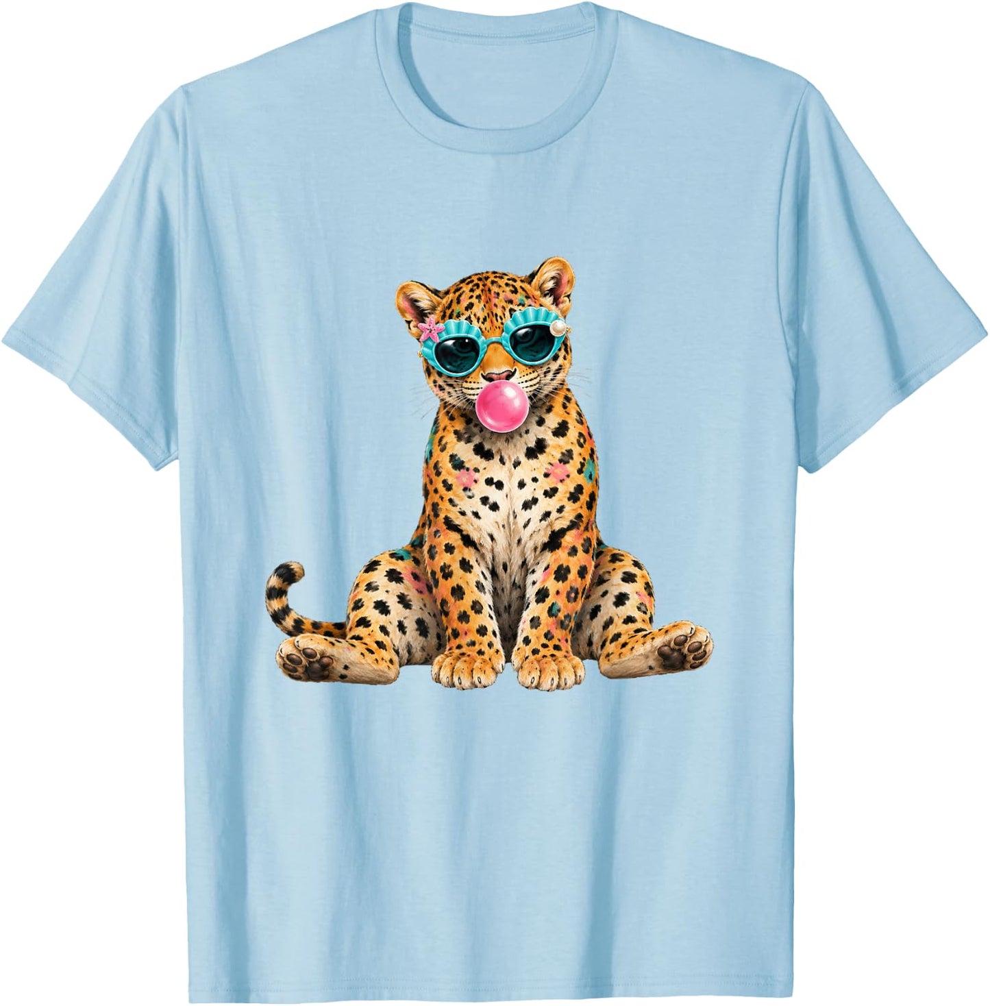 Summer Vibes Beach Vacation Leopard Blowing Bubble Gum T-Shirt - T-Shirt | Light Blue