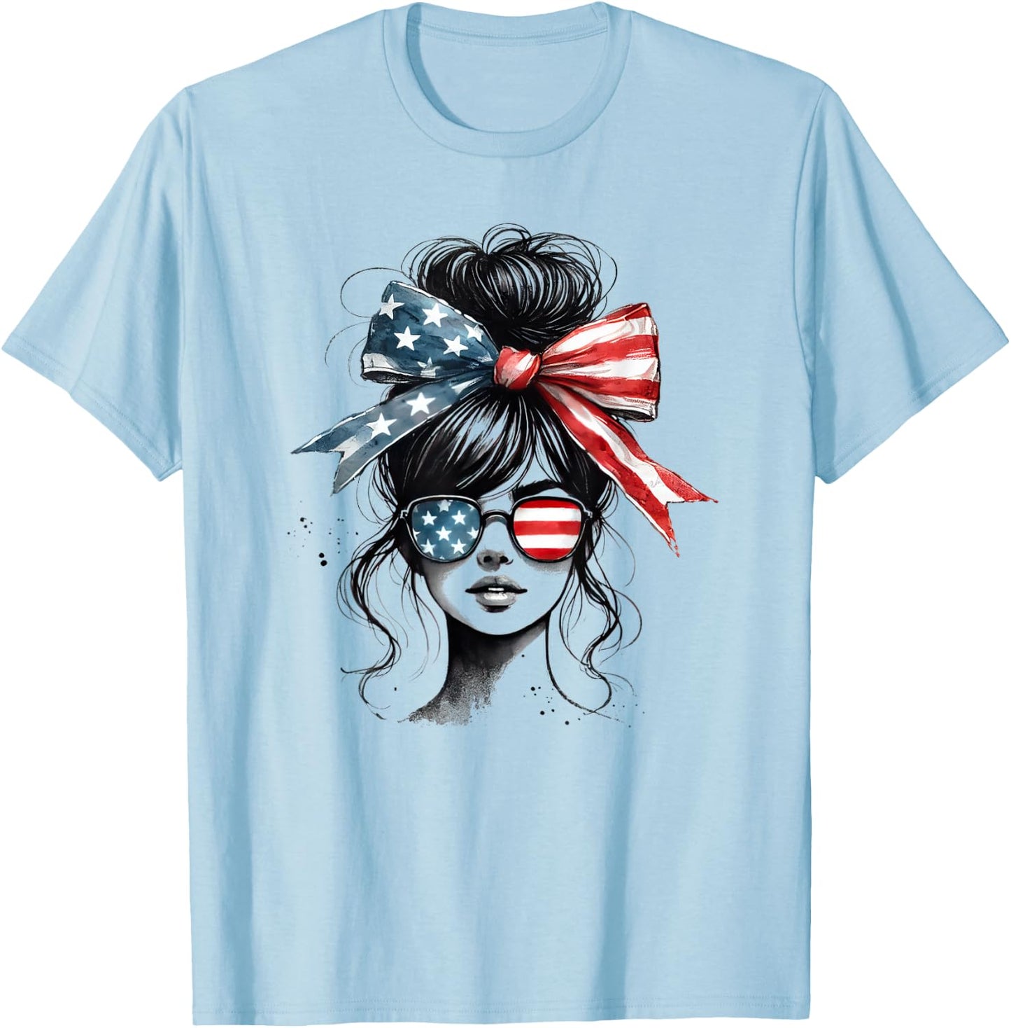 Messy Bun Girl Wearing Sunglasses American Flag T-Shirt - T-Shirt | Light Blue