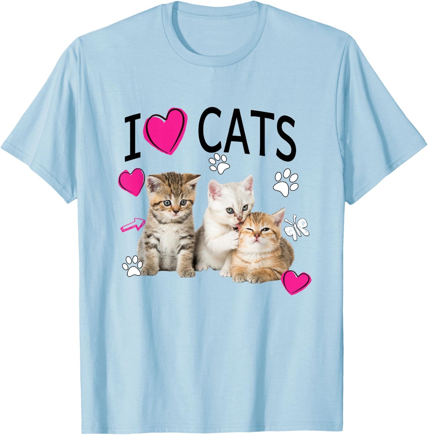 Cat Lover Cute I Love Cats Kittens Hearts Paws Gift T-Shirt - T-Shirt | Light Blue