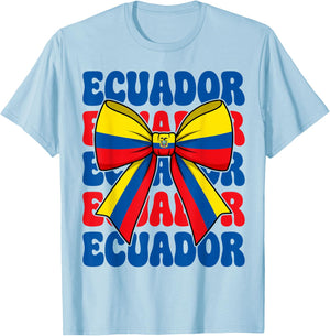 Ecuador Flag Coquette Bow Cute Retro Groovy Ecuadorian Girl T-Shirt - T-Shirt | Light Blue