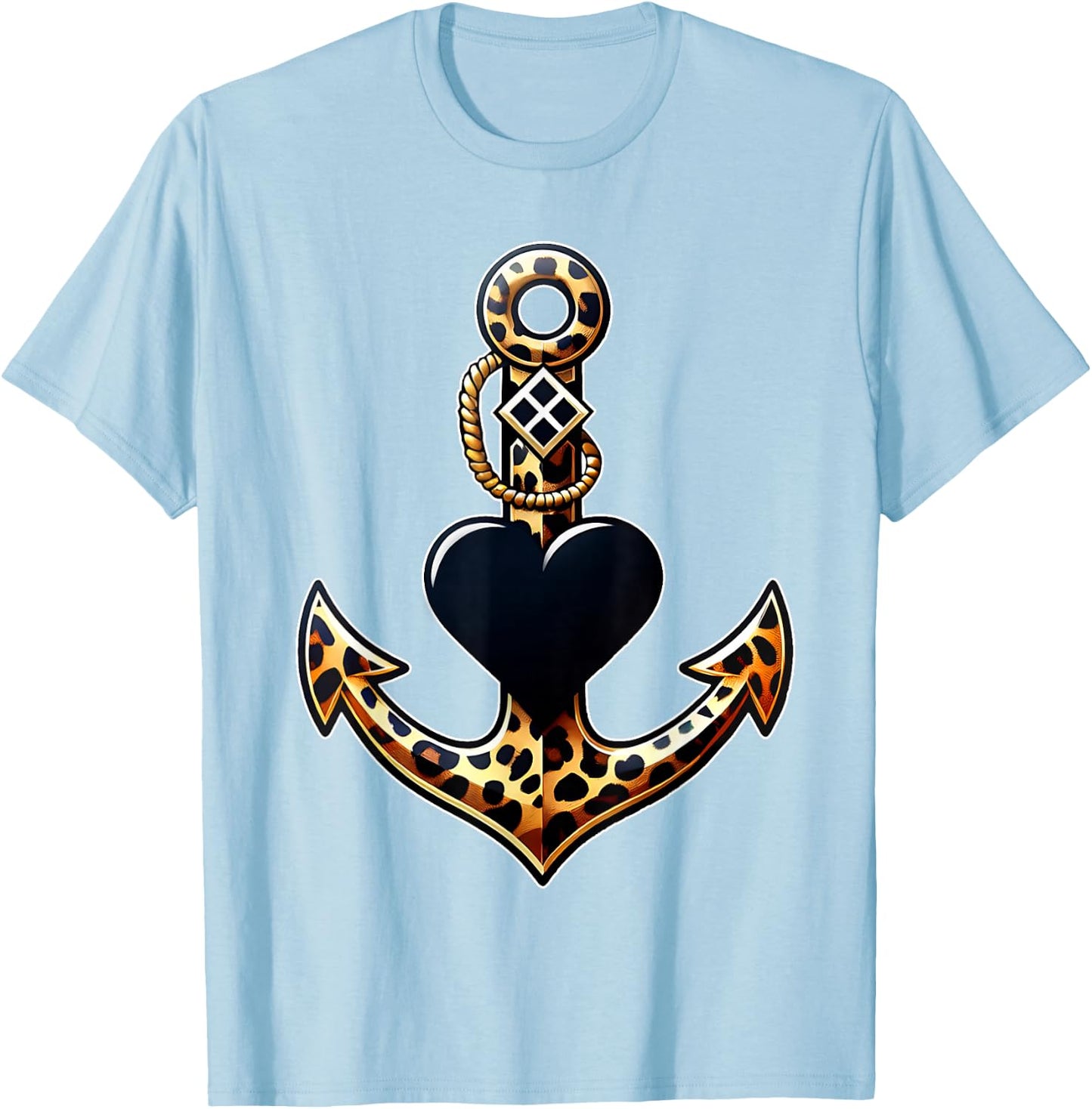 Leopard Anchor Heart Nautical Sailing Beach Captain Women T-Shirt - T-Shirt | Light Blue