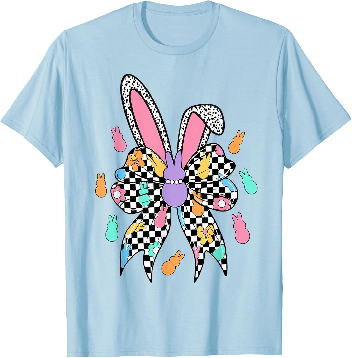 Happy Easter Bunny Checkered Coquette Bow Ears Women Girl T-Shirt - T-Shirt | Light Blue