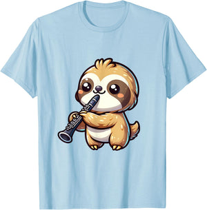 Cute Sloth Playing Clarinet Graphic Kawaii Sloth Clarinet T-Shirt - T-Shirt | Light Blue