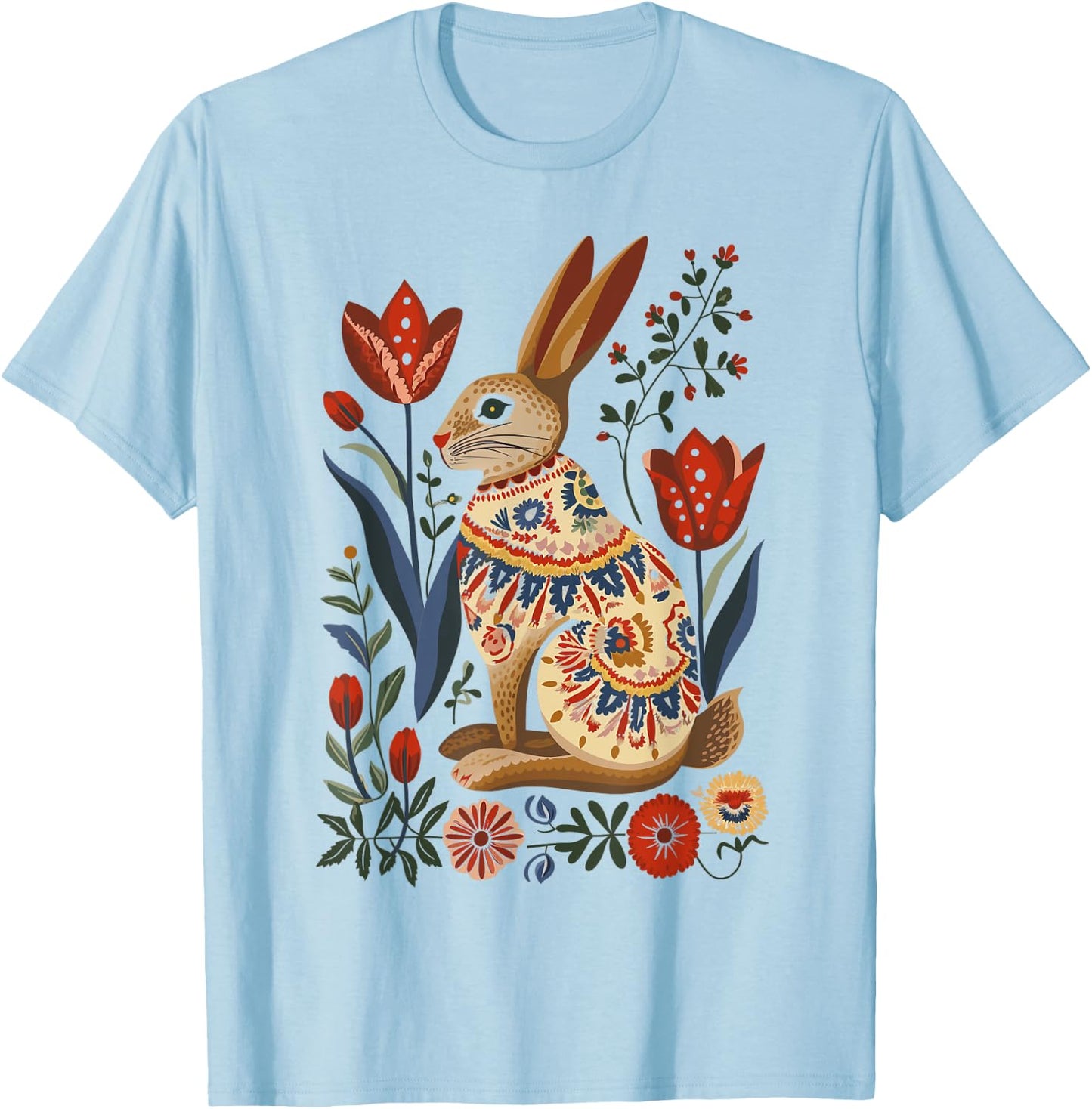 Easter Bunny Rabbit Spring | Norwegian Scandinavian Folk Art T-Shirt - T-Shirt | Light Blue