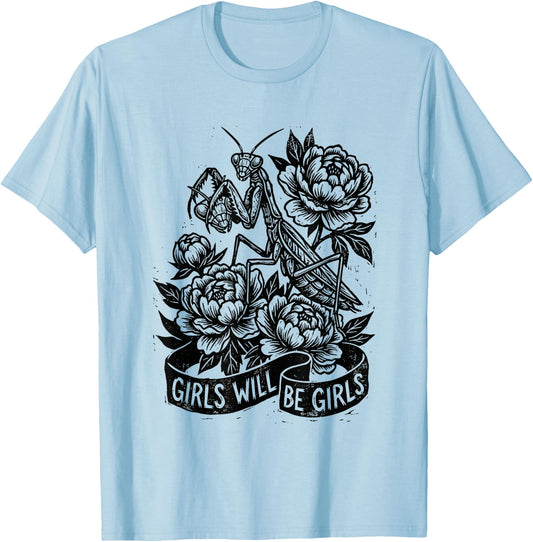 Girls Will Be Girls Praying Mantis Floral Grunge T-Shirt - T-Shirt | Light Blue